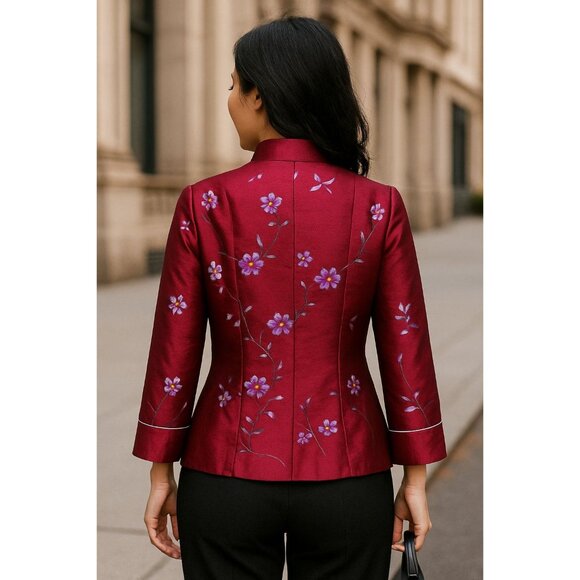 Zi Qing Ge Embroidered Floral Chinese Style Jacket Wine Purple Frog Closures LG - Picture 4 of 11